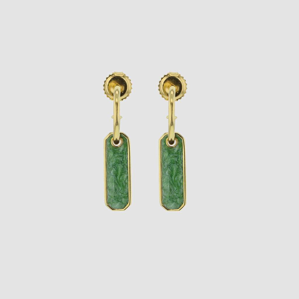 Strokes earrings green gold with hand painted enamel. Made in recycled silver.